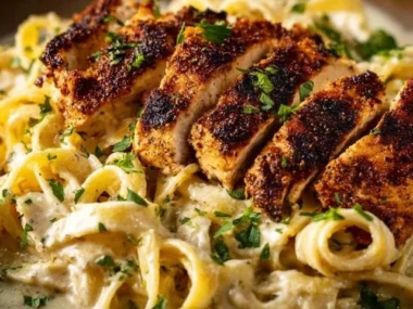 Creamy lemon chicken pasta dish with fresh herbs and parmesan cheese