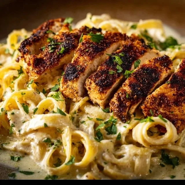 Creamy lemon chicken pasta dish with fresh herbs and parmesan cheese