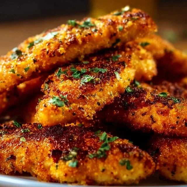 Crispy baked chicken tenders served with dipping sauce on a plate