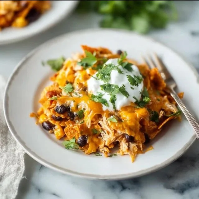 Delicious Doritos Chicken Casserole topped with crunchy Doritos chips