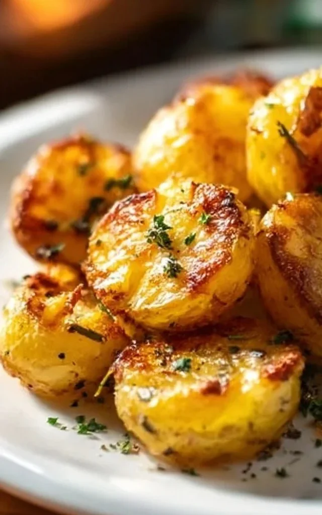 Crispy garlic smashed potatoes served on a plate, garnished with herbs.