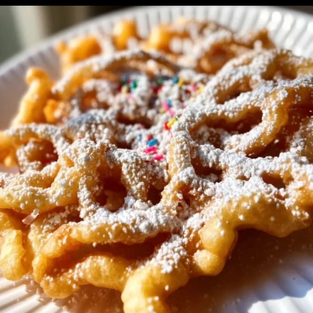 Delicious funnel cake made with pancake mix served with powdered sugar.