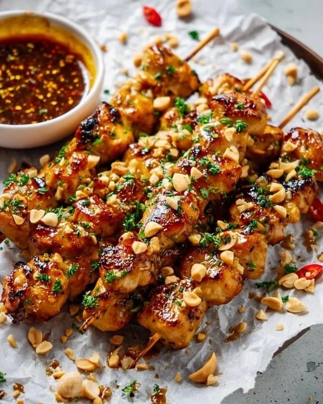 Easy grilled chicken skewers with honey garlic sauce on a platter