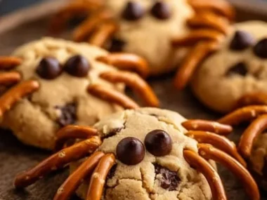 Easy peanut butter spider cookies with chocolate eyes and spider decorations