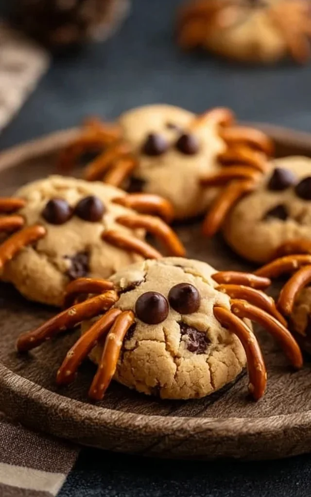 Easy peanut butter spider cookies with chocolate eyes and spider decorations