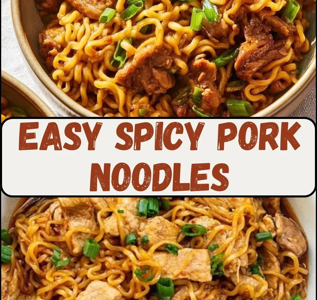Bowl of easy spicy pork noodles garnished with herbs and chili flakes