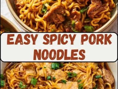 Bowl of easy spicy pork noodles garnished with herbs and chili flakes