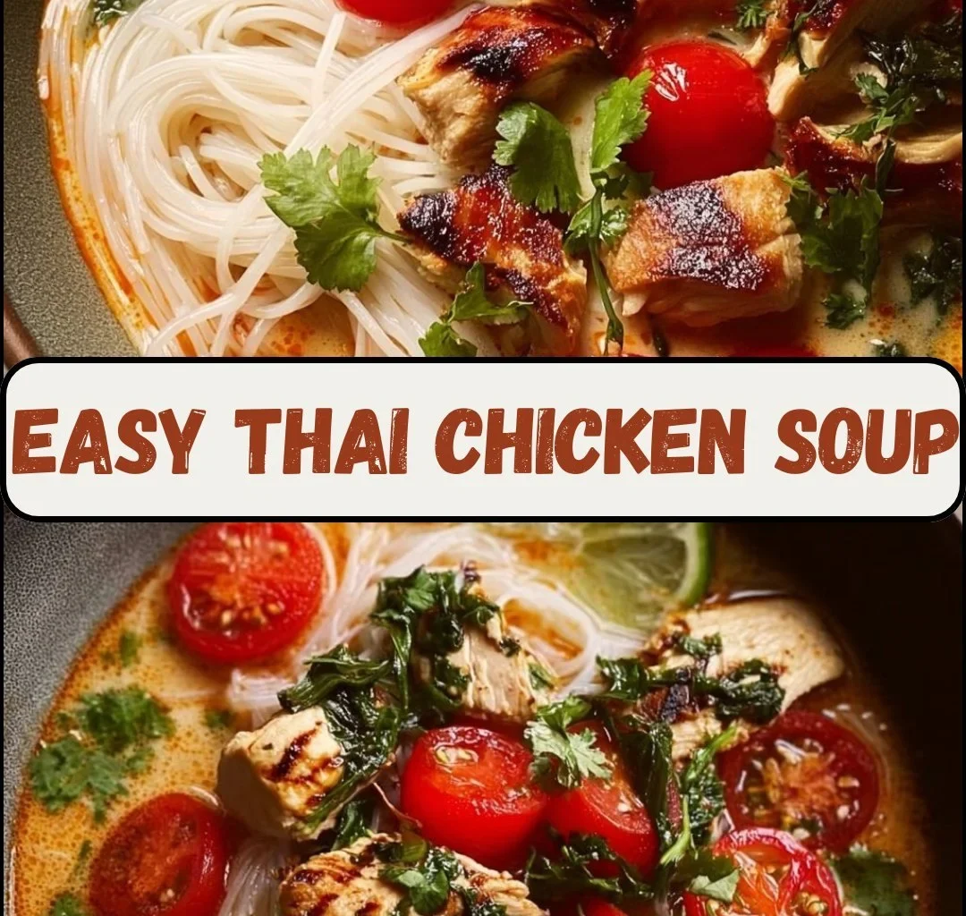 Bowl of easy Thai Chicken Soup with fresh herbs and spices