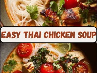 Bowl of easy Thai Chicken Soup with fresh herbs and spices