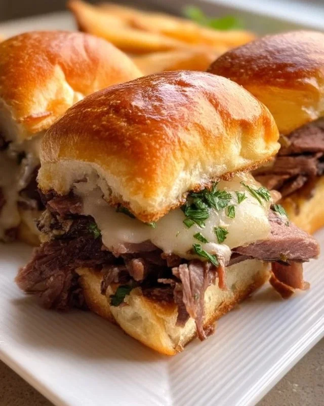 Delicious French Dip Sliders with beef and cheese served with au jus