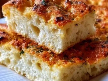 Freshly baked Garlic Parmesan Focaccia Bread on a wooden board