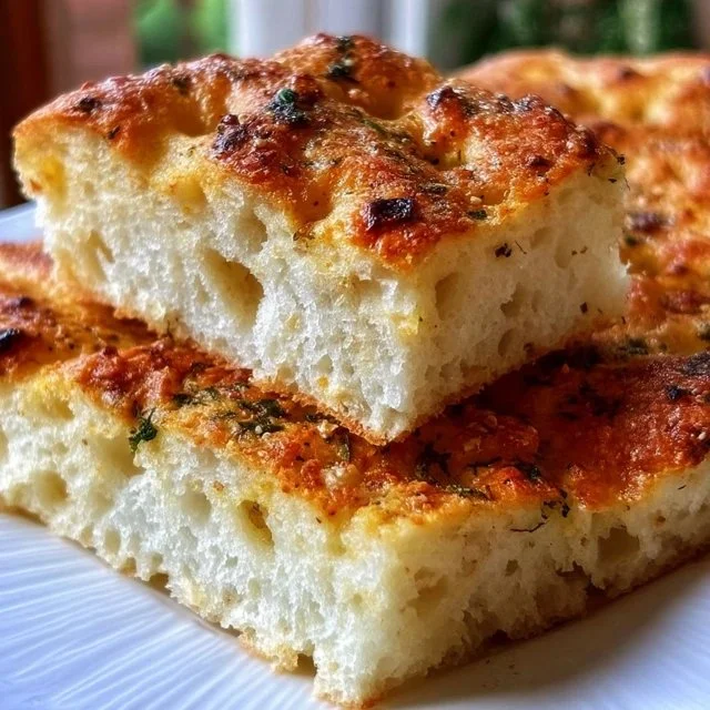 Freshly baked Garlic Parmesan Focaccia Bread on a wooden board