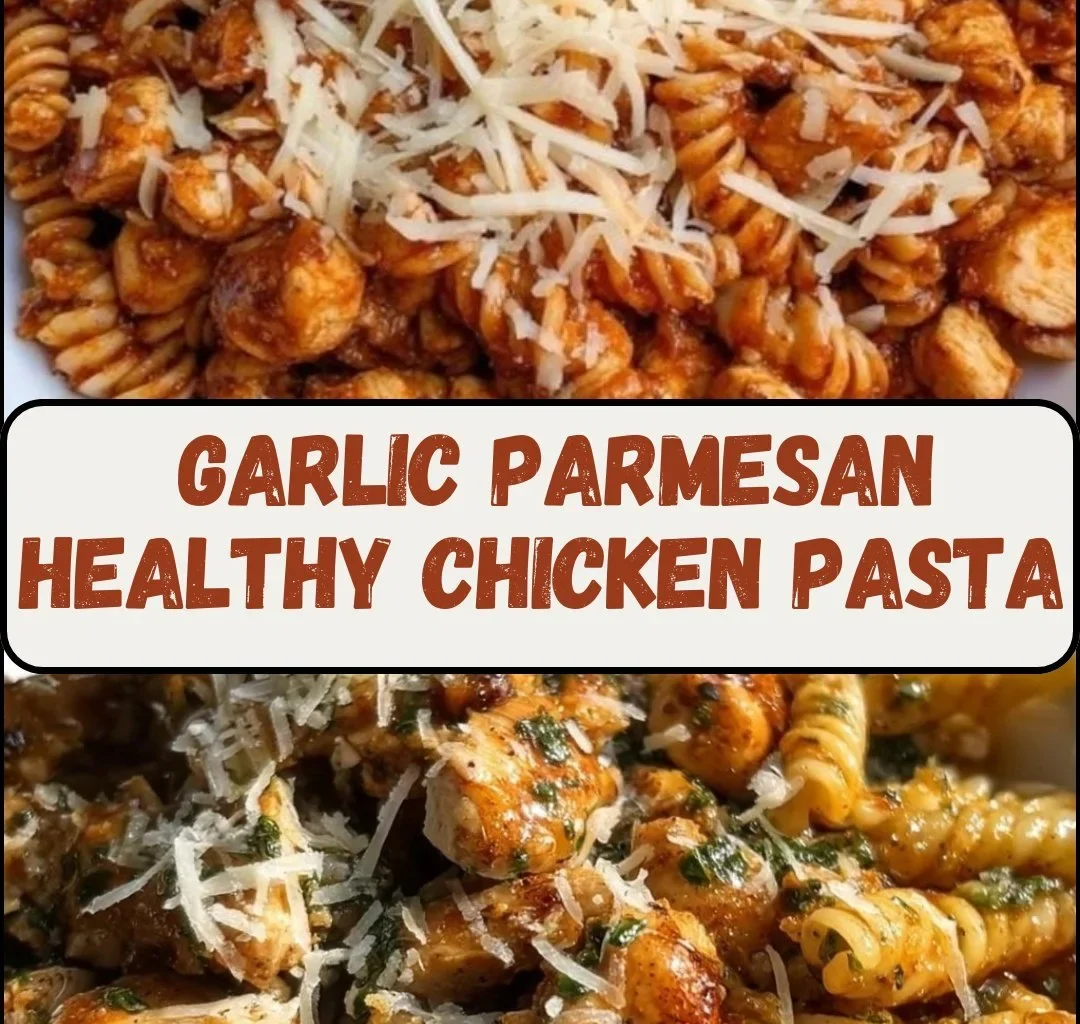Delicious Garlic Parmesan Healthy Chicken Pasta dish garnished with herbs