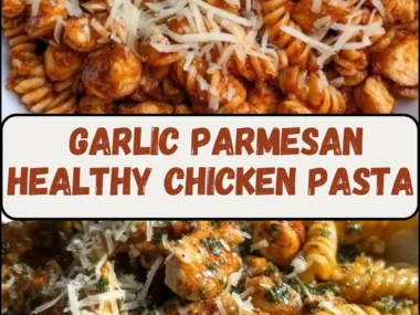 Delicious Garlic Parmesan Healthy Chicken Pasta dish garnished with herbs