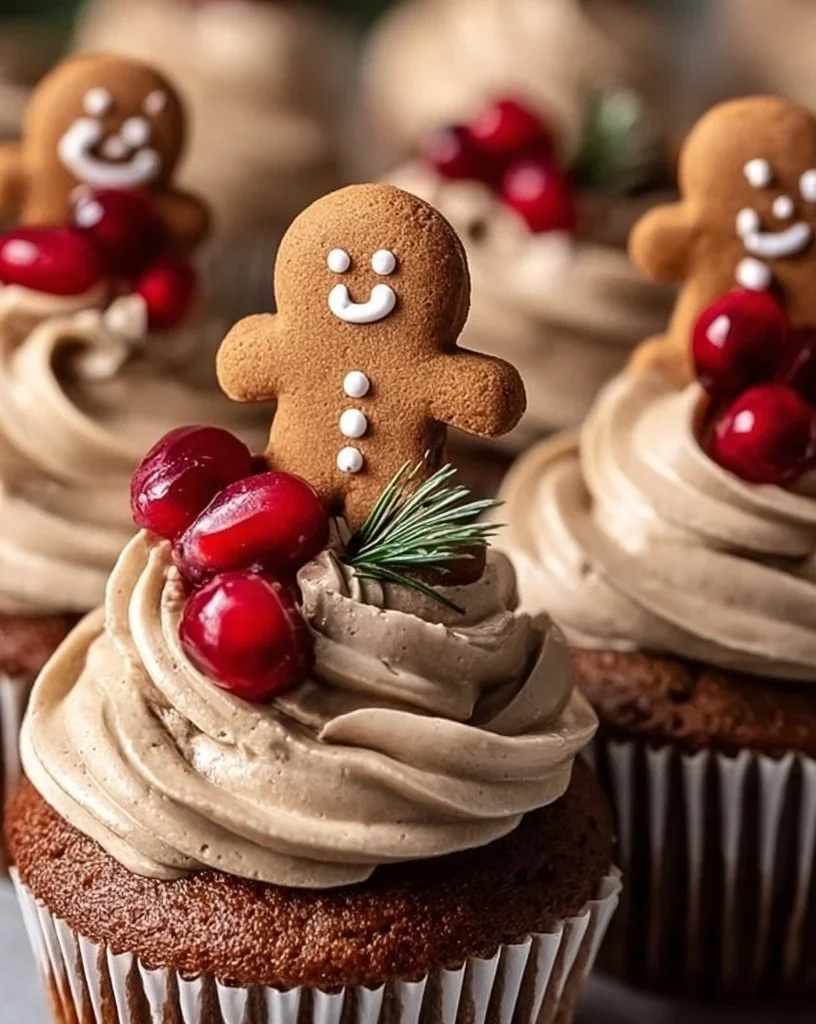 Gingerbread cupcakes with cinnamon buttercream and pomegranate garnish