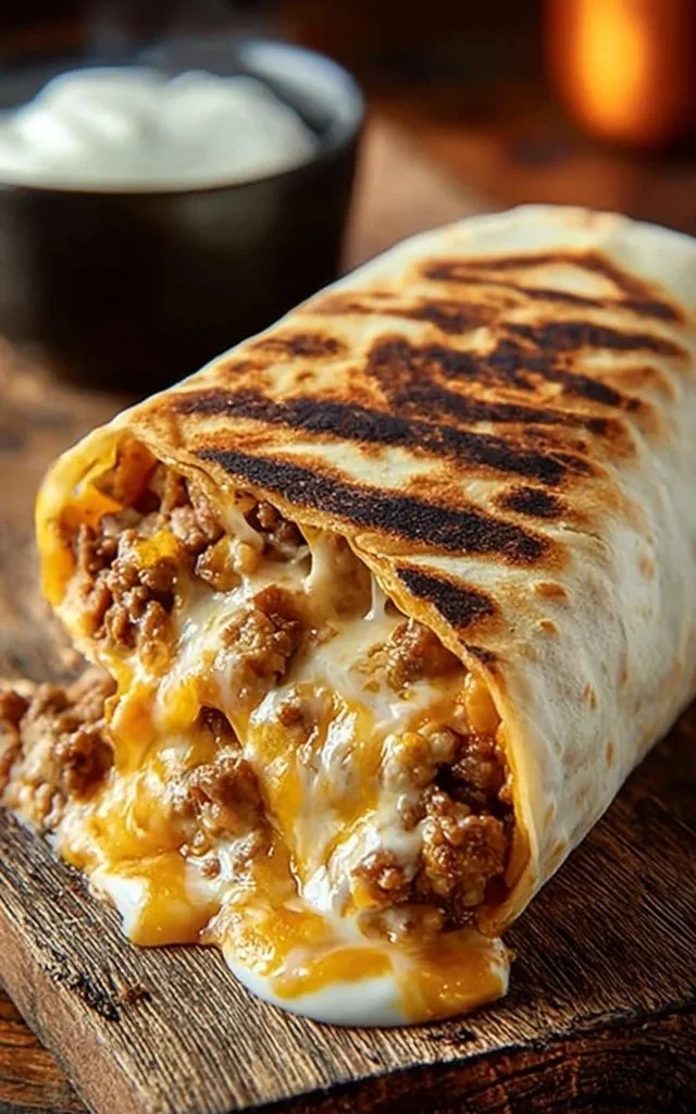 Delicious grilled cheese burrito filled with melted cheese and wrapped in a warm tortilla.