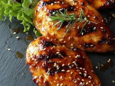 Grilled teriyaki chicken garnished with sesame seeds and green onions.