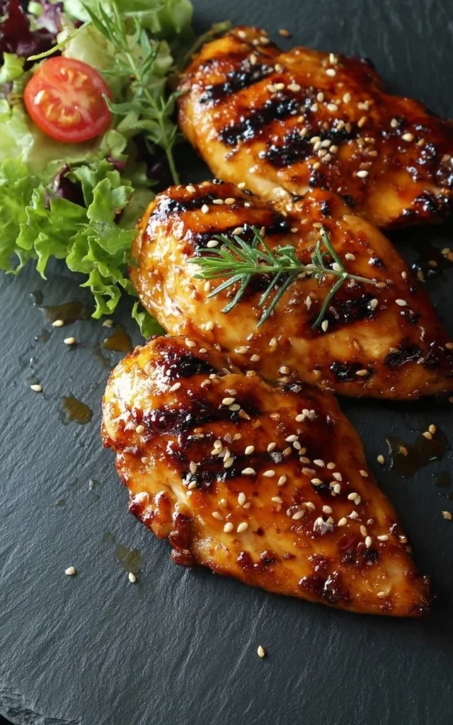 Grilled teriyaki chicken garnished with sesame seeds and green onions.