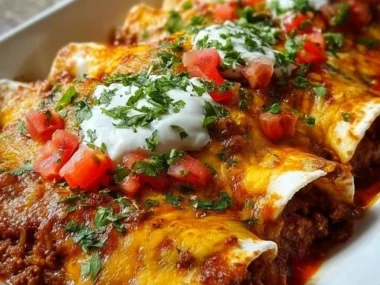 Delicious ground beef enchiladas topped with cheese and garnished with fresh cilantro.