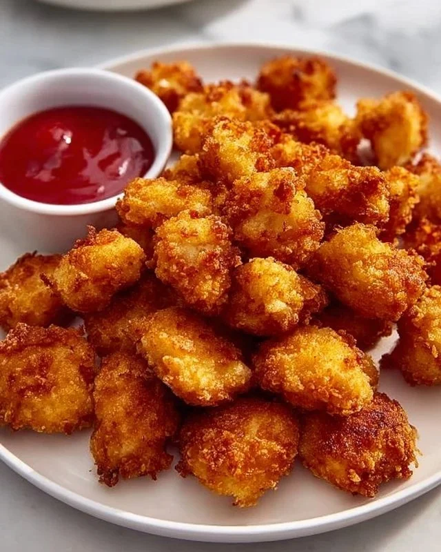 Crispy homemade popcorn chicken served with dipping sauce