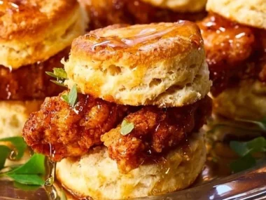 Delicious hot honey chicken biscuits served on a plate