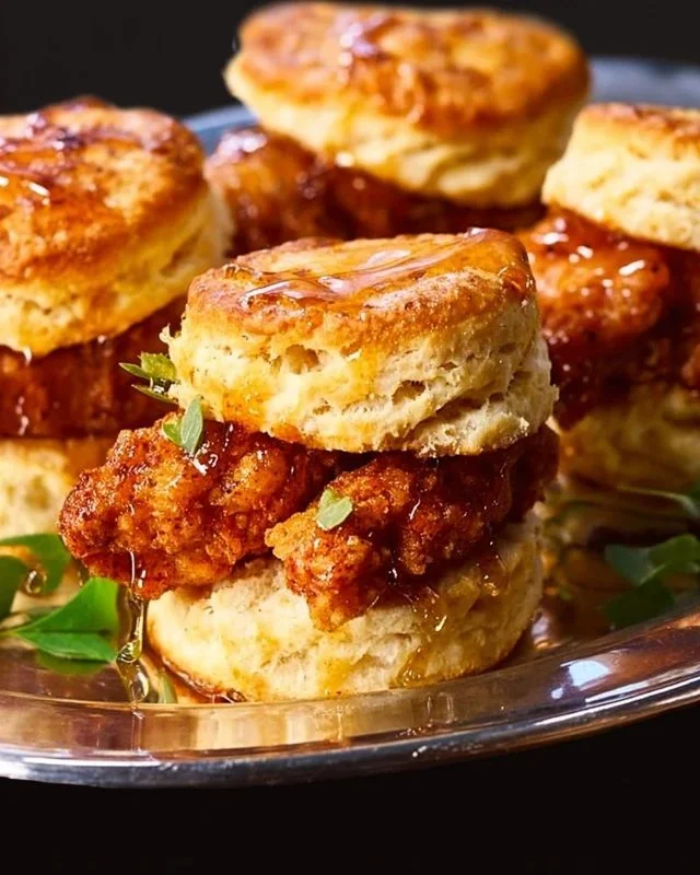 Delicious hot honey chicken biscuits served on a plate