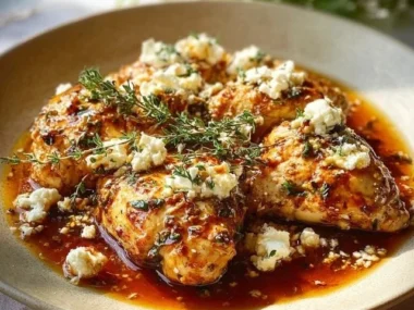 Hot Honey Feta Chicken dish garnished with herbs and spices.