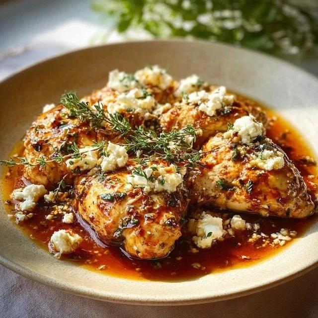 Hot Honey Feta Chicken dish garnished with herbs and spices.