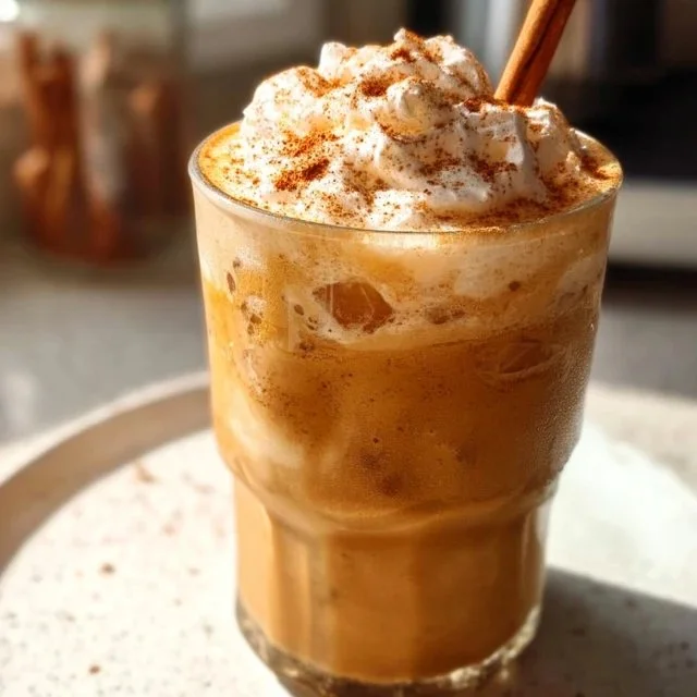 Iced Pumpkin Spice Latte topped with whipped cream and cinnamon
