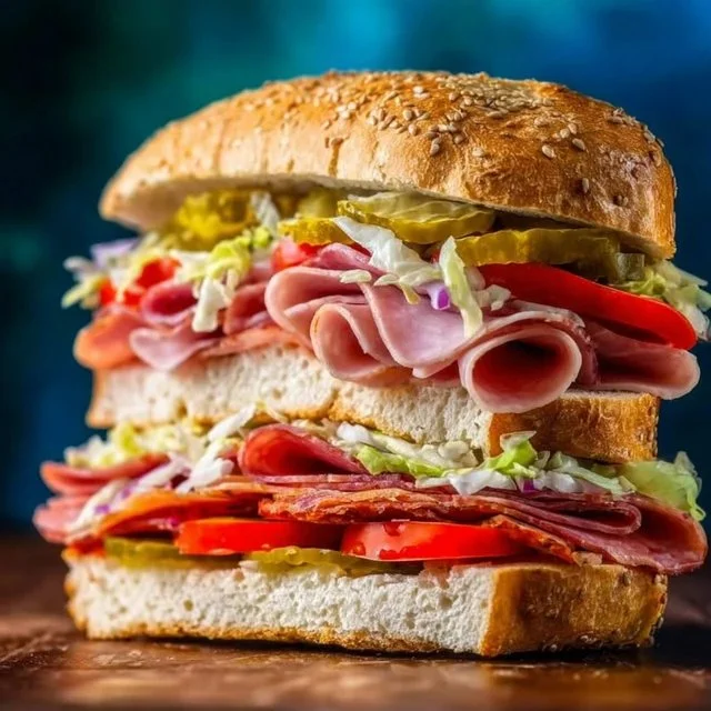 Delicious Italian sub sandwich with deli meats, cheese, and fresh vegetables