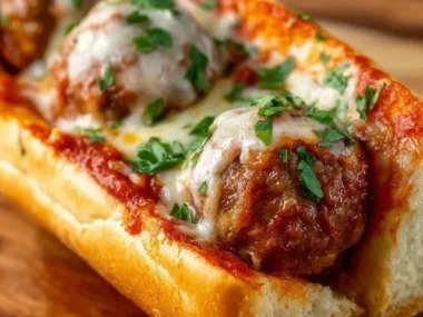 Delicious homemade meatball subs on a plate with marinara sauce and cheese