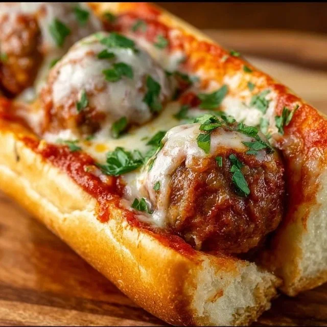 Delicious homemade meatball subs on a plate with marinara sauce and cheese
