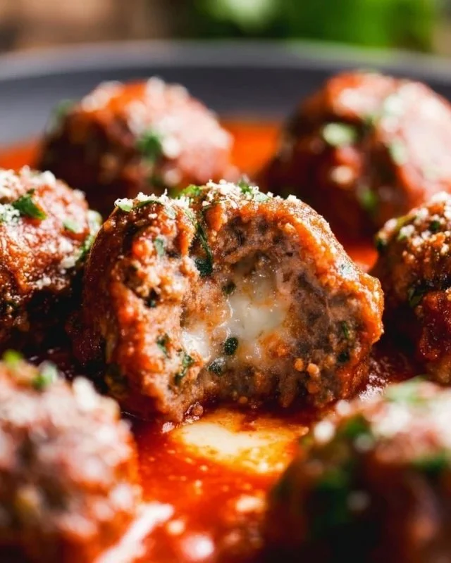 Mozzarella stuffed meatballs with melted cheese and herbs in a savory sauce