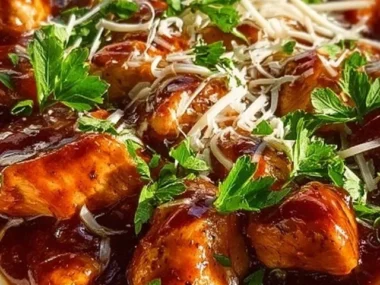 One-Pan Tangy Honey BBQ Chicken Penne served in a bowl with fresh herbs