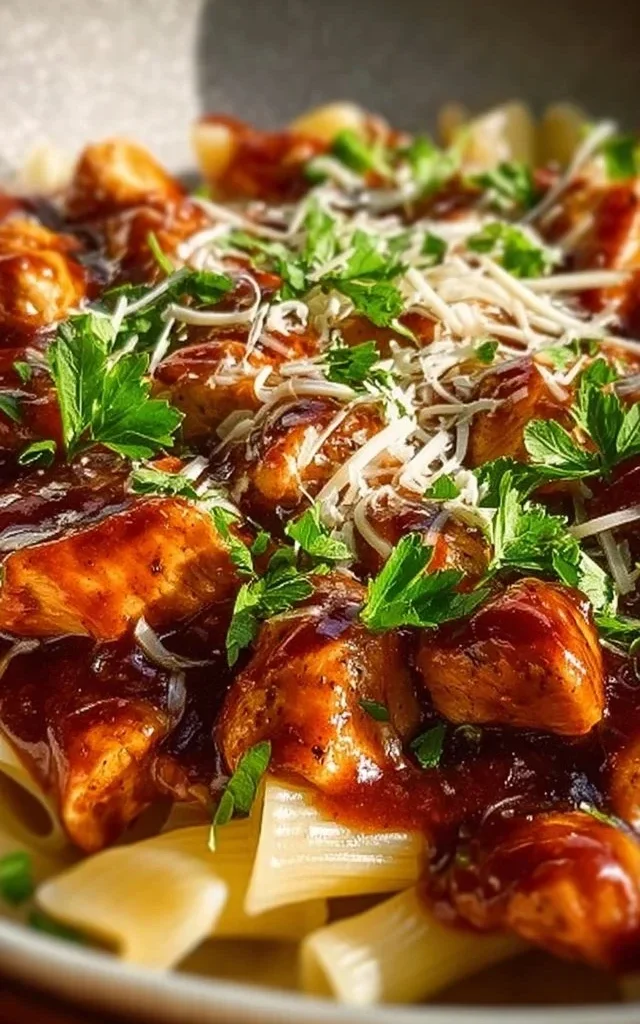 One-Pan Tangy Honey BBQ Chicken Penne served in a bowl with fresh herbs