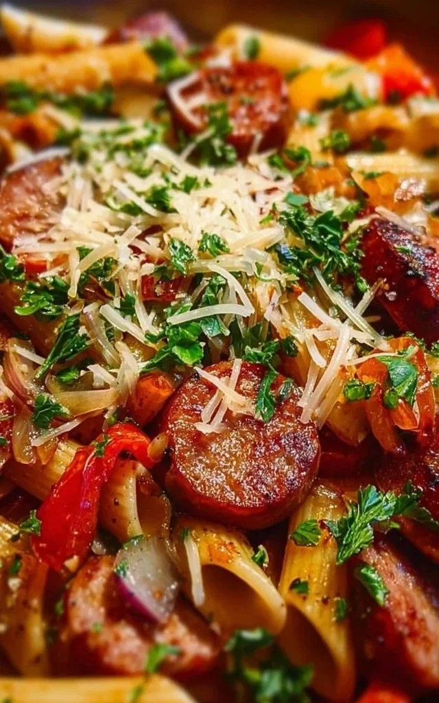 One-skillet spicy honey BBQ sausage with pasta served in a bowl.