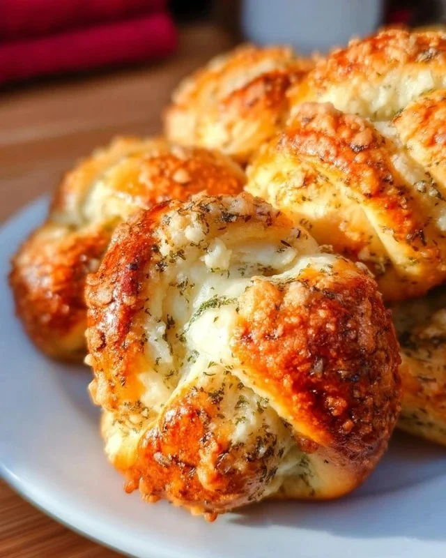Plate of warm, golden-brown Parmesan Garlic Knots with herbs and butter