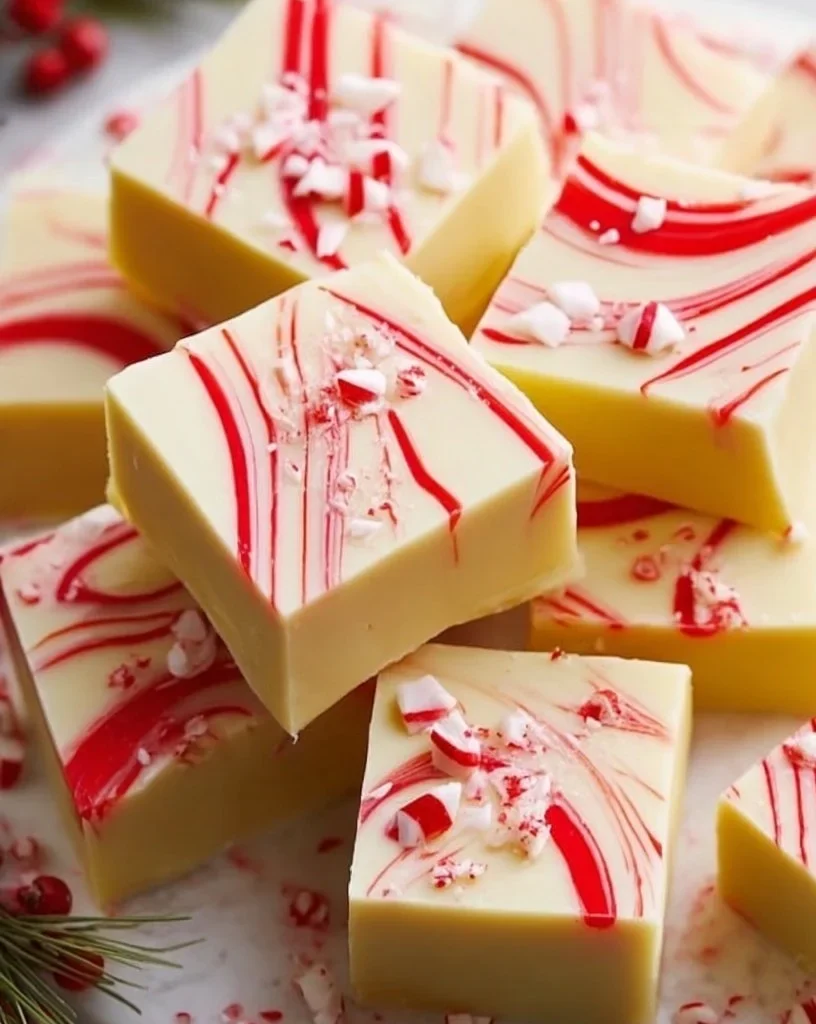 Delicious peppermint fudge squares decorated with festive red and green sprinkles