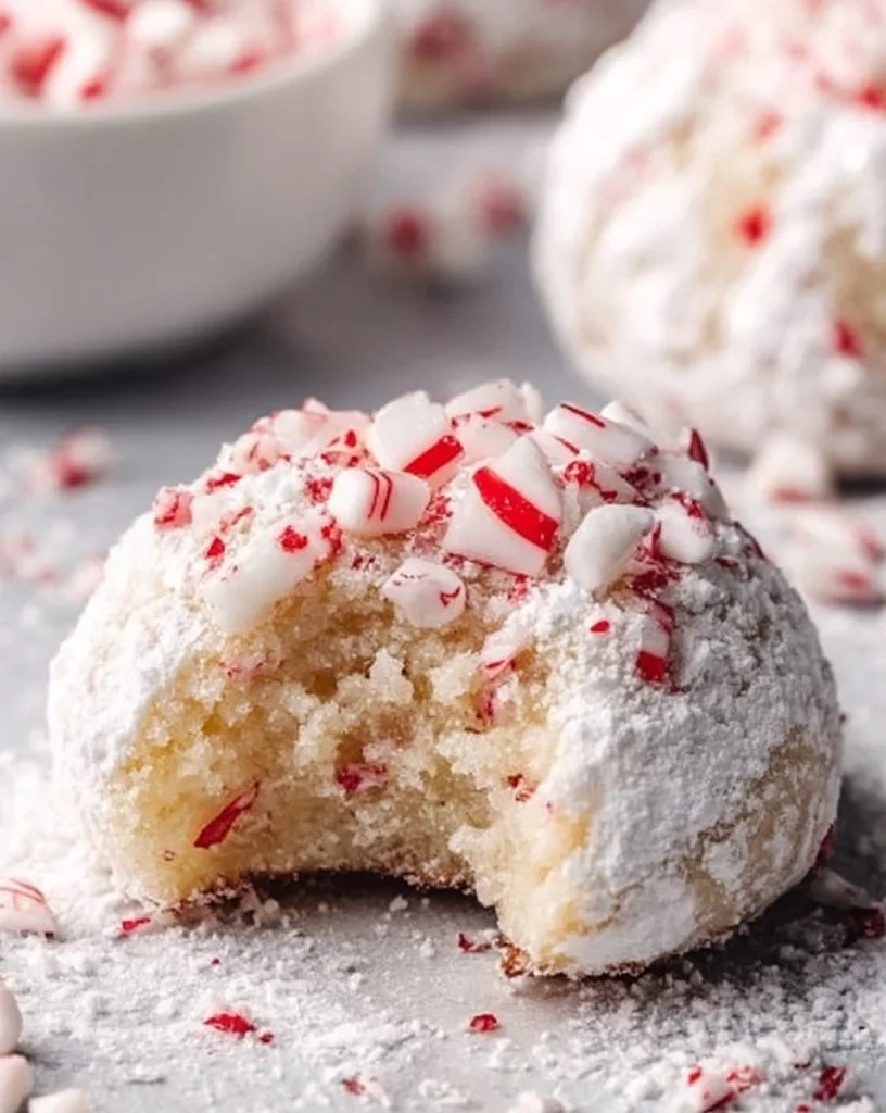Delicious Peppermint Snowball Cookies dusted with powdered sugar on a festive plate.