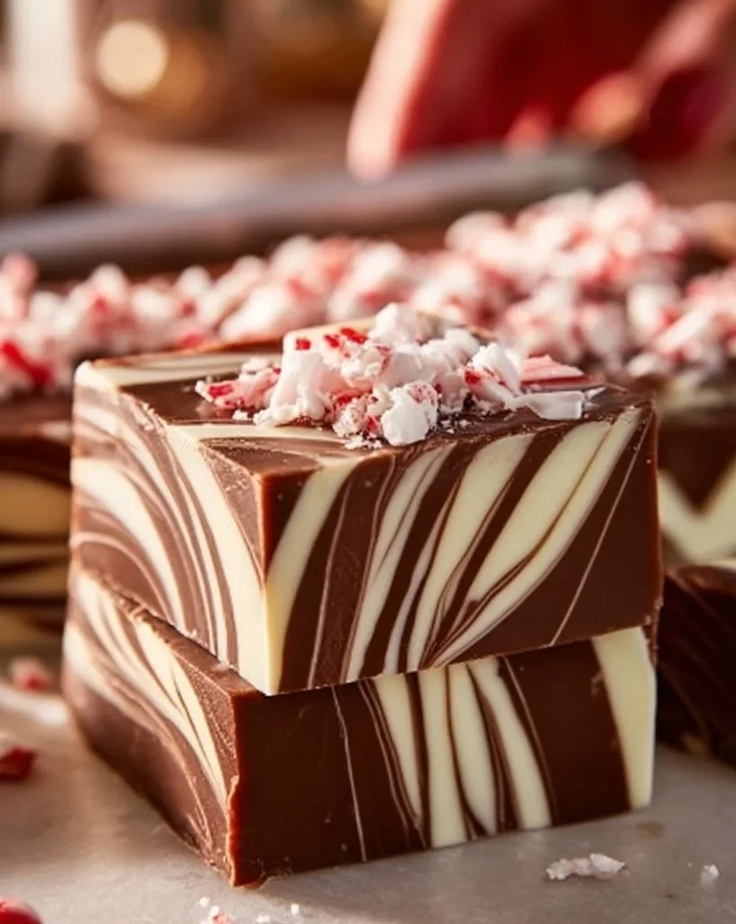 Delicious peppermint swirl fudge with vibrant red and white swirls.