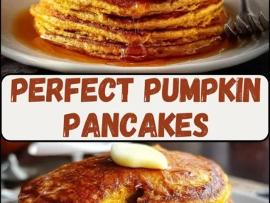 Delicious stack of perfect pumpkin pancakes topped with syrup and cinnamon
