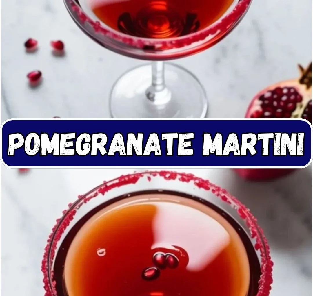 A refreshing Pomegranate Martini garnished with pomegranate seeds and a slice of lime.