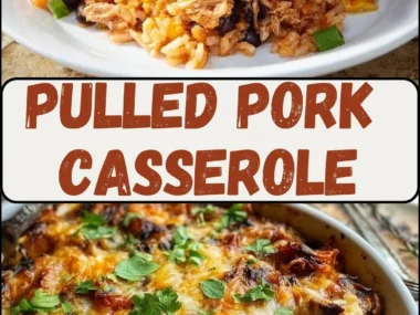 Delicious pulled pork casserole served in a baking dish