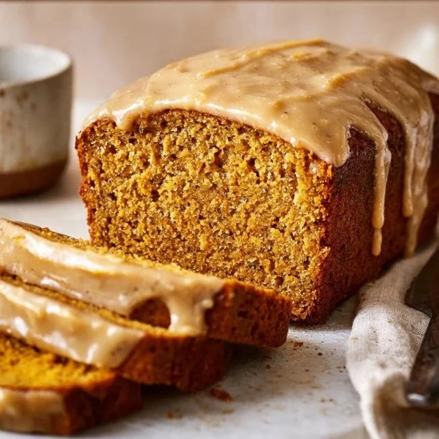 Slice of Pumpkin Banana Bread with Maple Glaze on a plate