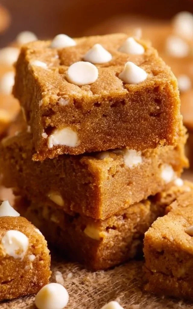 Delicious pumpkin blondies topped with nuts and spices on a wooden table