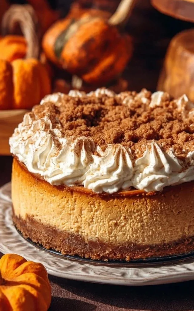 Slice of Pumpkin Cheesecake with Biscoff Crust on a plate