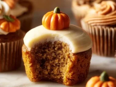 Delicious pumpkin cupcakes with brown sugar cream cheese frosting on a white plate