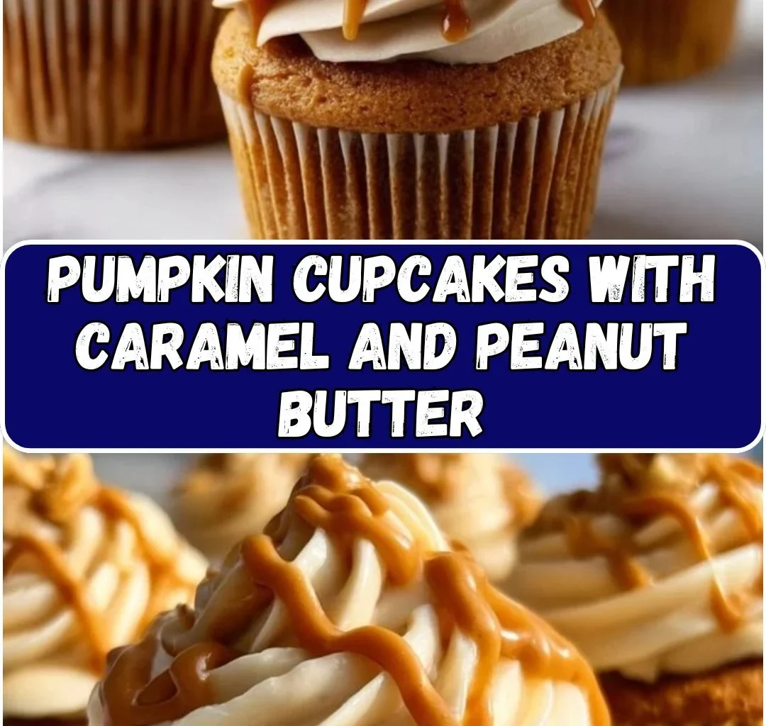 Delicious pumpkin cupcakes topped with caramel and peanut butter drizzle.