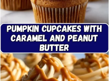 Delicious pumpkin cupcakes topped with caramel and peanut butter drizzle.