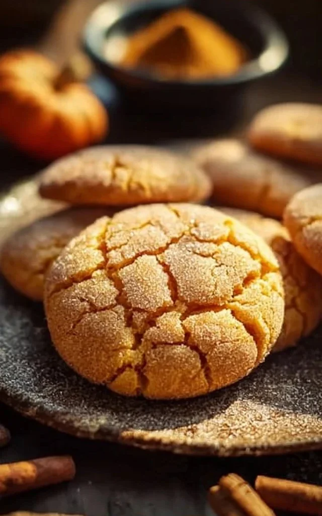 Freshly baked Pumpkin Snickerdoodles on a wooden table